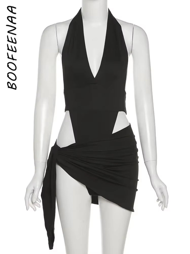 Sexy Two Piece Set Bodysuit Halter Top Skirt Matching Sets for Women Summer Beach Rave Club Outfits Dress Sets C83BD15