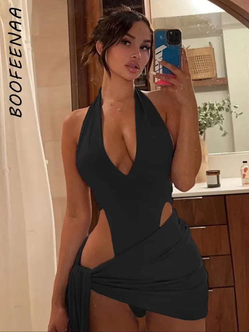 Sexy Two Piece Set Bodysuit Halter Top Skirt Matching Sets for Women Summer Beach Rave Club Outfits Dress Sets C83BD15