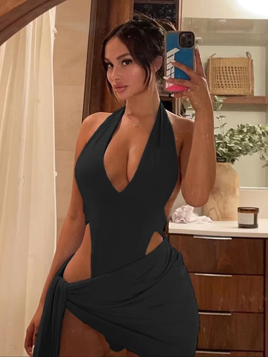 Sexy Two Piece Set Bodysuit Halter Top Skirt Matching Sets for Women Summer Beach Rave Club Outfits Dress Sets C83BD15