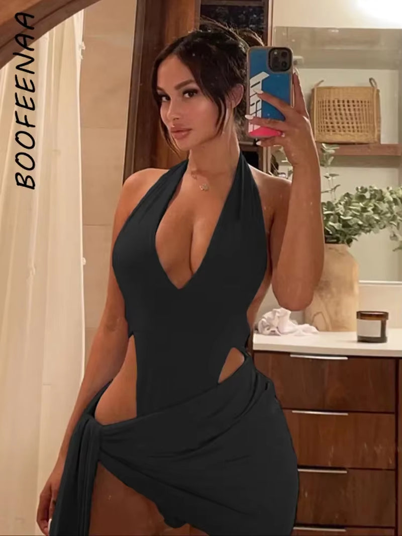 Sexy Two Piece Set Bodysuit Halter Top Skirt Matching Sets for Women Summer Beach Rave Club Outfits Dress Sets C83BD15